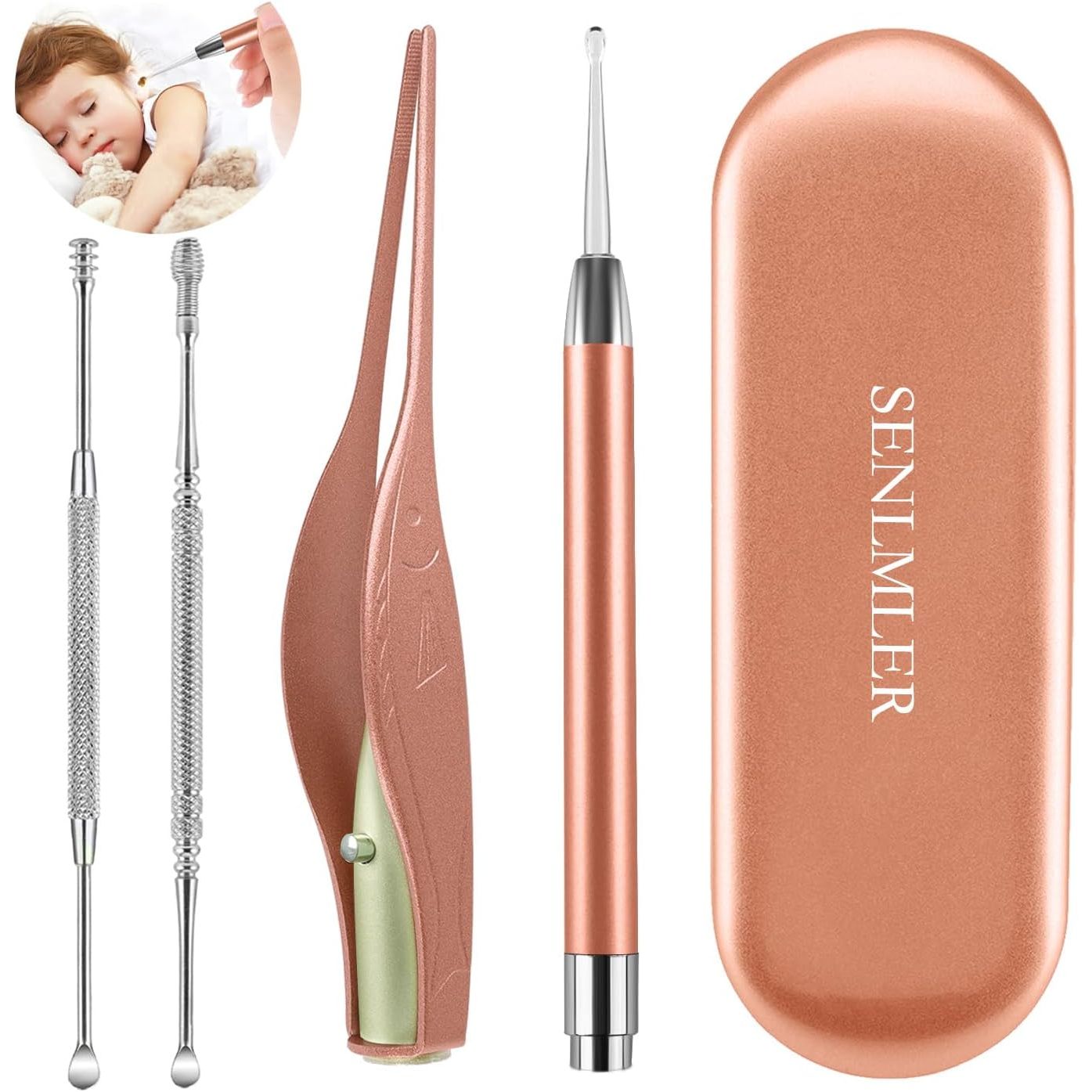 4 Pack Ear Pick with Light, Ear Cleaner Ear Wax Removal Tool Kit for Kids and Adults, Ear Picks Digger & Tweezers & Spiral Spring Ear Spoon Set with Storage Box (Rose Gold)