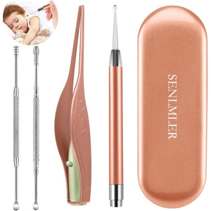4 Pack Ear Pick with Light, Ear Cleaner Ear Wax Removal Tool Kit for Kids and Adults, Ear Picks Digger & Tweezers & Spiral Spring Ear Spoon Set with Storage Box (Rose Gold)