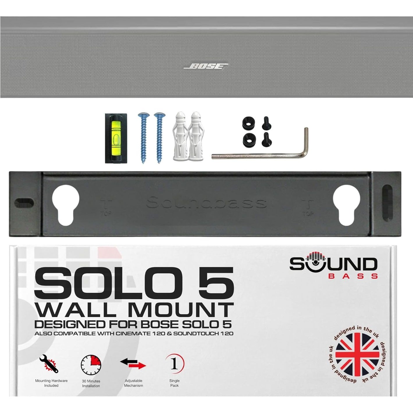 Sound Bass Solo 5 Wall Mount Bracket for Bose Solo 5 Sound Bar, Complete Kit with All Mounting Hardware, Compatible with Series II Soundbar, Designed in The UK by Soundbass