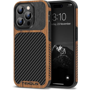 TENDLIN Compatible with iPhone 14 Pro Max Case Wood Grain with Carbon Fiber Texture Design Leather Hybrid Slim Case Black