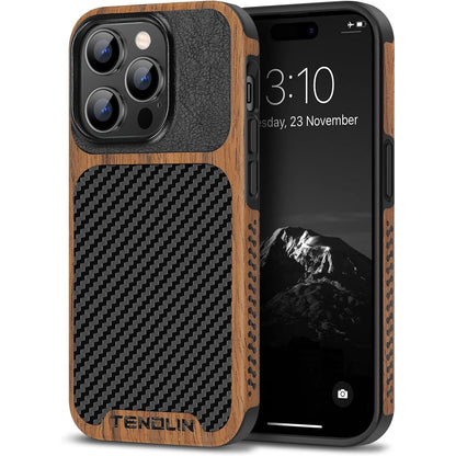 TENDLIN Compatible with iPhone 14 Pro Max Case Wood Grain with Carbon Fiber Texture Design Leather Hybrid Slim Case Black