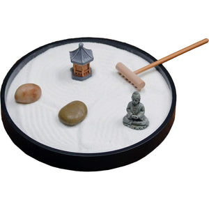 Nature's Mark Mini Zen Garden Kit for Desk with Rake, White Sand, Black Round Base, Miniature Pagoda Figure, River Rocks and Miniature Buddha Figure (6Lx6W Round B)