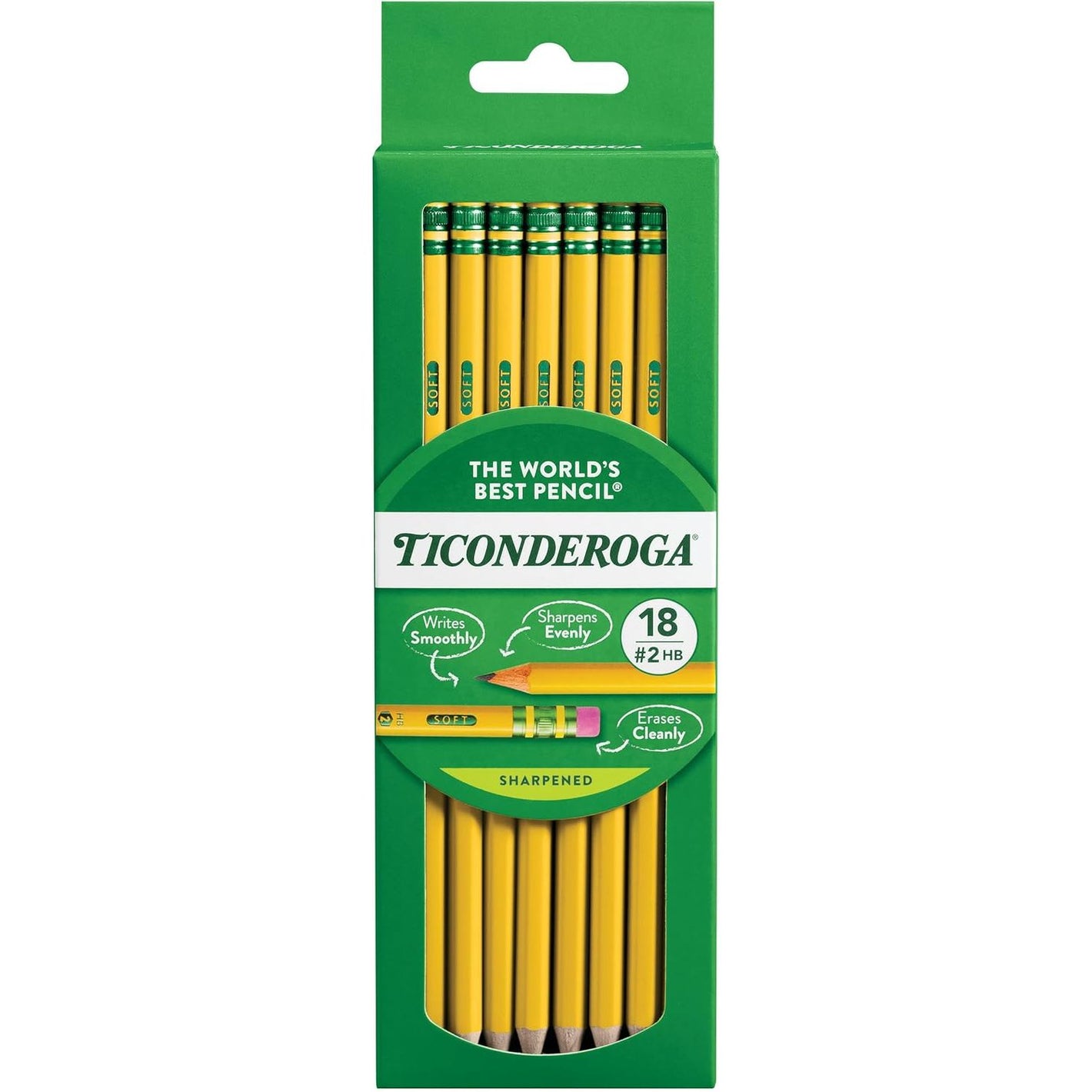 Ticonderoga Wood-Cased Pencils, Pre-Sharpened, #2 HB Soft, Yellow, 18 Count