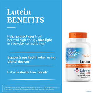 Doctors Best Lutein, Supports Eye Health & Performance, Non-GMO, Gluten Free, 20 mg, 60 Softgels