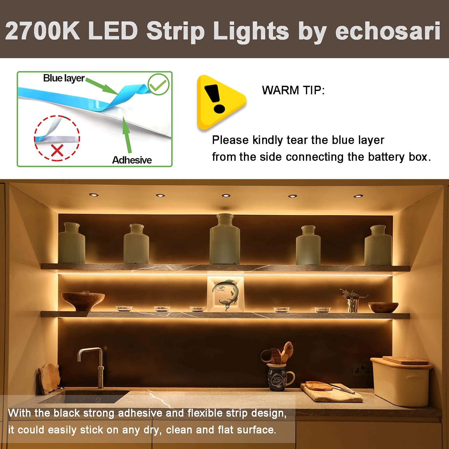 Buy now echosari Battery Powered Led Strip Lights with Remote Warm White, 8 Modes, Dimmable, Timer, Self-Adhesive, Cuttable, Waterproof, 9.8FT 90Led Strip Lights for TV Kitchen Cupboard Bedroom Decor at indiglob india