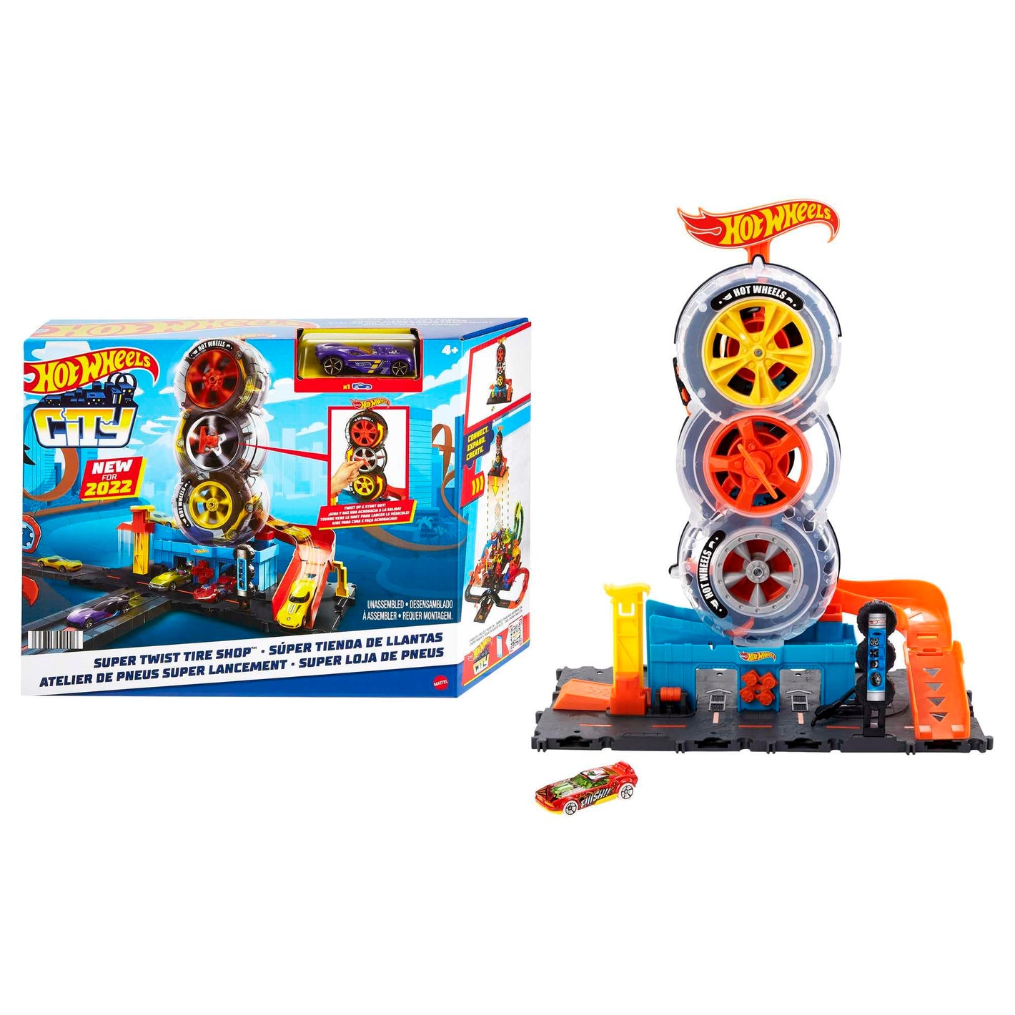 Buy now Hot Wheels City Super Twist Tire Shop Playset, Spin The Key to Make Cars Travel Through The Tires, Includes 1 Car, Gift for Kids 4 to 8 Years Old (Amazon Exclusive) at indiglob india