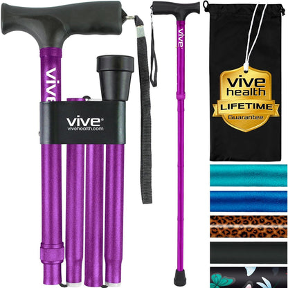 Vive Folding Cane - Foldable Walking Cane for Men, Women - Fold-up, Collapsible, Lightweight, Adjustable, Portable Hand Walking Stick - Balancing Mobility Aid - Comfortable Ergonomic Handle