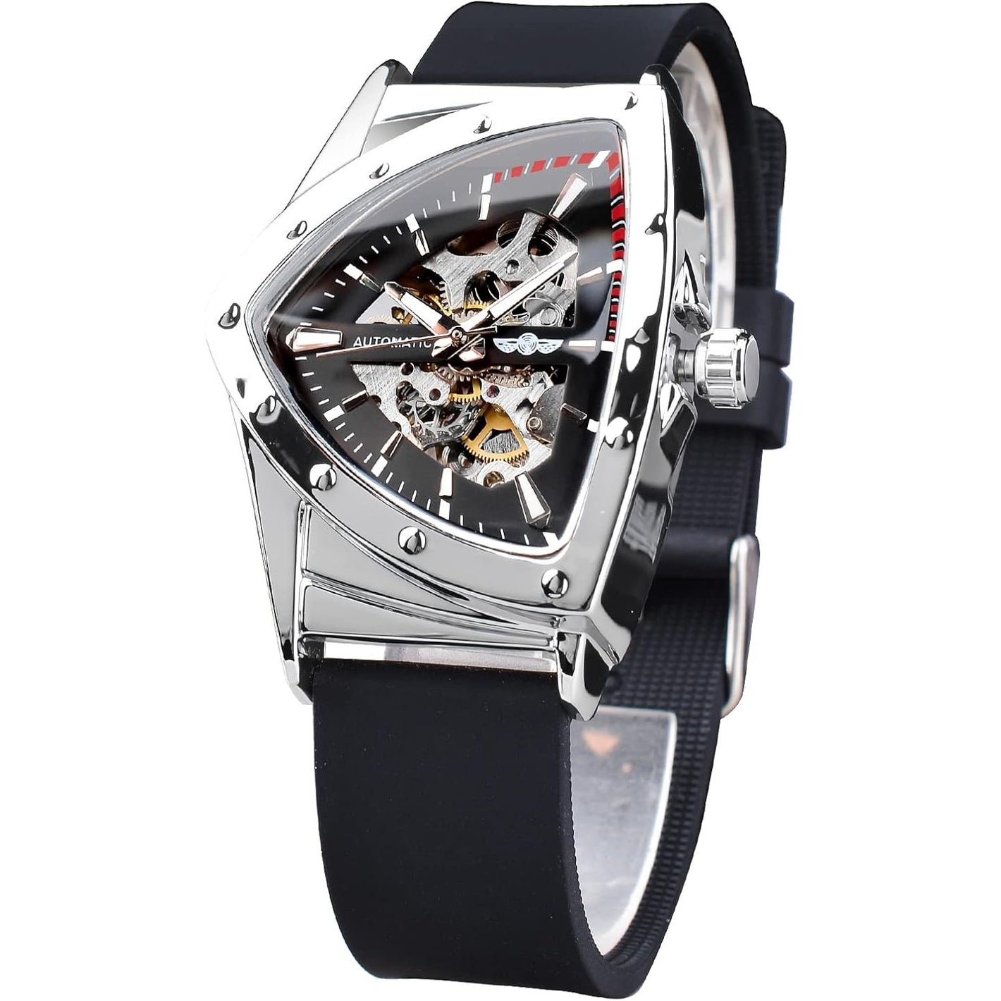 FORSINING Skeleton Watches for Men, Automatic Mechanical Watch with Triangle Dial, Luminous Self Winding Watches Stainless Steel Bracelet or Soft Silicone Strap