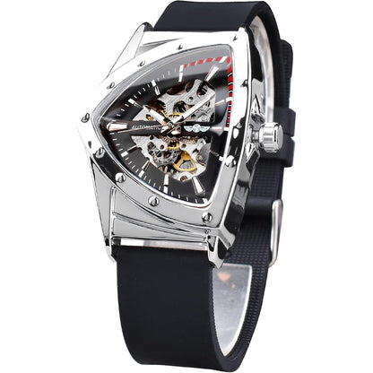 FORSINING Skeleton Watches for Men, Automatic Mechanical Watch with Triangle Dial, Luminous Self Winding Watches Stainless Steel Bracelet or Soft Silicone Strap