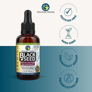 Amazing Herbs Premium Black Seed Oil - Cold Pressed Nigella Sativa Aids in Digestive Health, Immune Support, Brain Function, Joint Mobility, Gluten Free, Non GMO - 1 Fl Oz