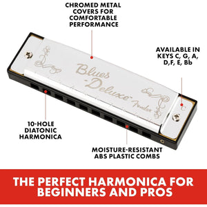 Buy now Fender Blues Deluxe Harmonica, Stocking Stuffers, Guitar Accessories, Pack of 7 with case (Keys C, G, A, D, F, E, B Flat) at indiglob india