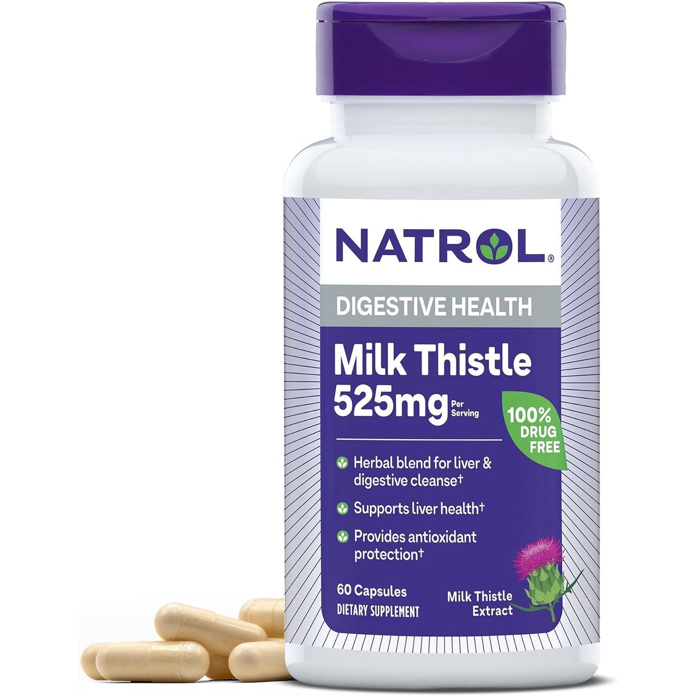 Natrol Milk Thistle 525 mg per Serving, Dietary Supplement for Digestive Health, Milk Thistle Supplement, 60 Capsules, 30 Day Supply