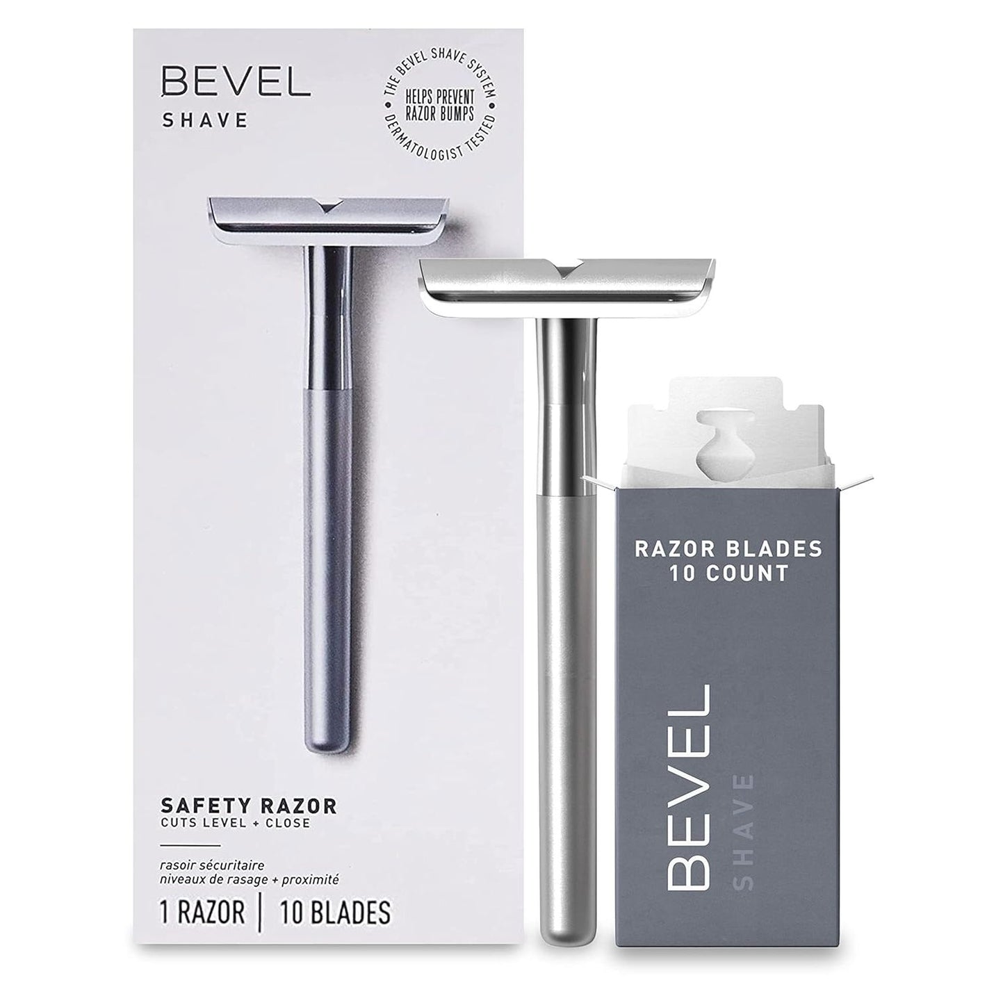 Bevel Safety Razor with Brass Weighted Handle and 10 Double Edge Safety Blade Refills, Single Blade Razor for Men, Designed for Coarse Hair to Prevent Razor Bumps - Silver (Packaging May Vary)