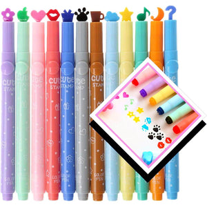 Cute Kawaii Novelty Stamp Highlighter Pen Marker Assorted Love Star Bear Paw Music Cloud Kiss Shape School Kids Student Creative Stationery 12 Color - My Store