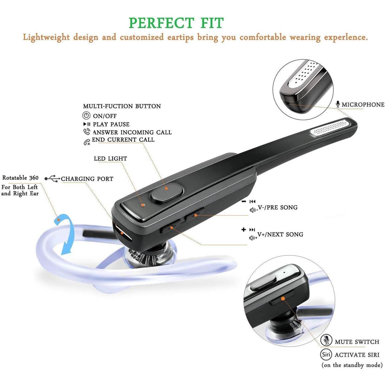 COMEXION Bluetooth Headset, Wireless Business Earpiece V4.1 Lightweight Noisy Suppression Bluetooth Earphone with Microphone for Phone/Laptop/Car (Black+Case) - My Store