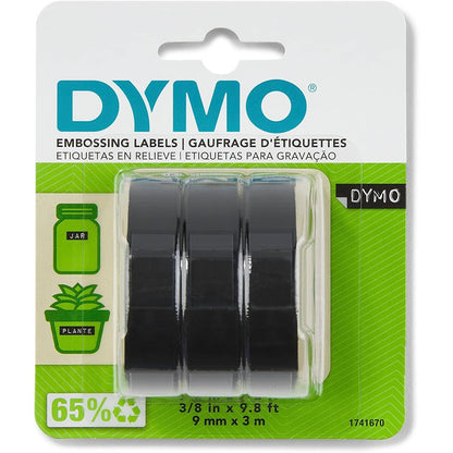 DYMO Self-Adhesive Embossing Labels, White Print on Black Tape, 3/8-Inch x 9.8-Foot Roll, 3 Pack