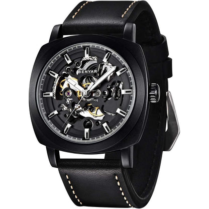 Benyar Automatic Watches for Men | Skeleton Mechanical Leather Strap Mens Watch | 45mm Dial | 30M Waterproof | Men's Stylish Gift