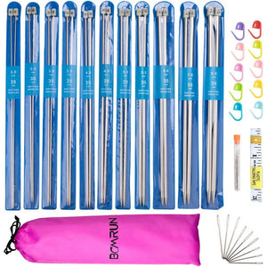 Knitting Needle Set, 22PCS 2mm(B)-8mm(L) Straight Single Pointed Stainless Steel Sweater Needles Set(11Pair-11 Size,9.8 inch) with Locking Stitch Makers Large-Eye Needles Measure Tape (36CM)