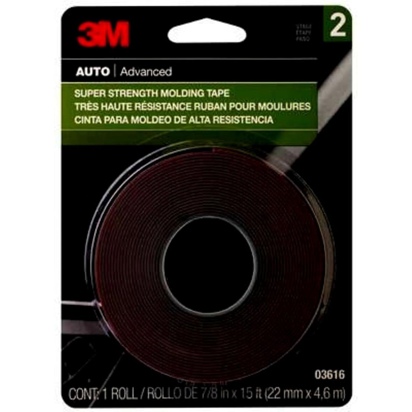 3M Super Strength Molding Tape 03616, 7/8 in x 15 ft, Heavy Duty Double-Sided Automotive Mounting Tape, Weather-Resistant Adhesive for Trim, Emblems, Moldings and Accessories (1 Roll)