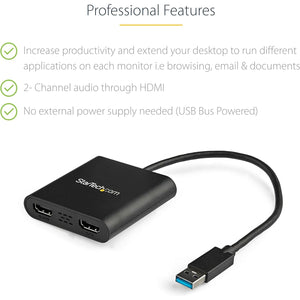 StarTech.com USB 3.0 to Dual HDMI Adapter, USB to 2x HDMI Monitor Converter for Windows, TAA (no support for macOS/ChromeOS/Linux)