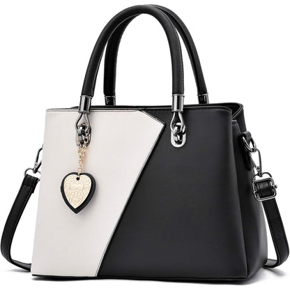 Womens Leather Handbags Purse Top-handle Bags Contrast Color Stitching Totes Satchel Shoulder Bag for Ladies