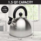 Primula Stewart Whistling Stovetop Tea Kettle Food Grade Stainless Steel, Hot Water Fast to Boil, Cool Touch Folding, 1.5-Quart, Brushed with Black Handle