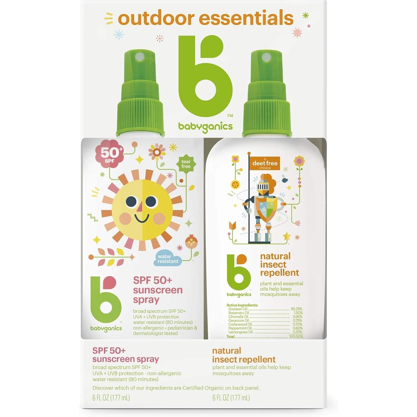 Babyganics 50 SPF Baby Sunscreen Spray and Bug Spray | Octinoxate & Oxybenzone Free | DEET Free, 6oz each, Combo 2 Pack