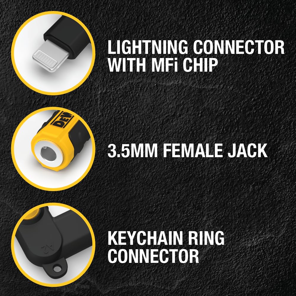 Buy now DEWALT Heavy Duty 3.5mm to Lightning Adapter, 90Degree L Connector Female to 3.5mm Male Headphone Jack Adapter for iPhone, Compatible Lightning to 3.5 mm Headphone Jack Adapters, Adapts Legacy Devices at indiglob india