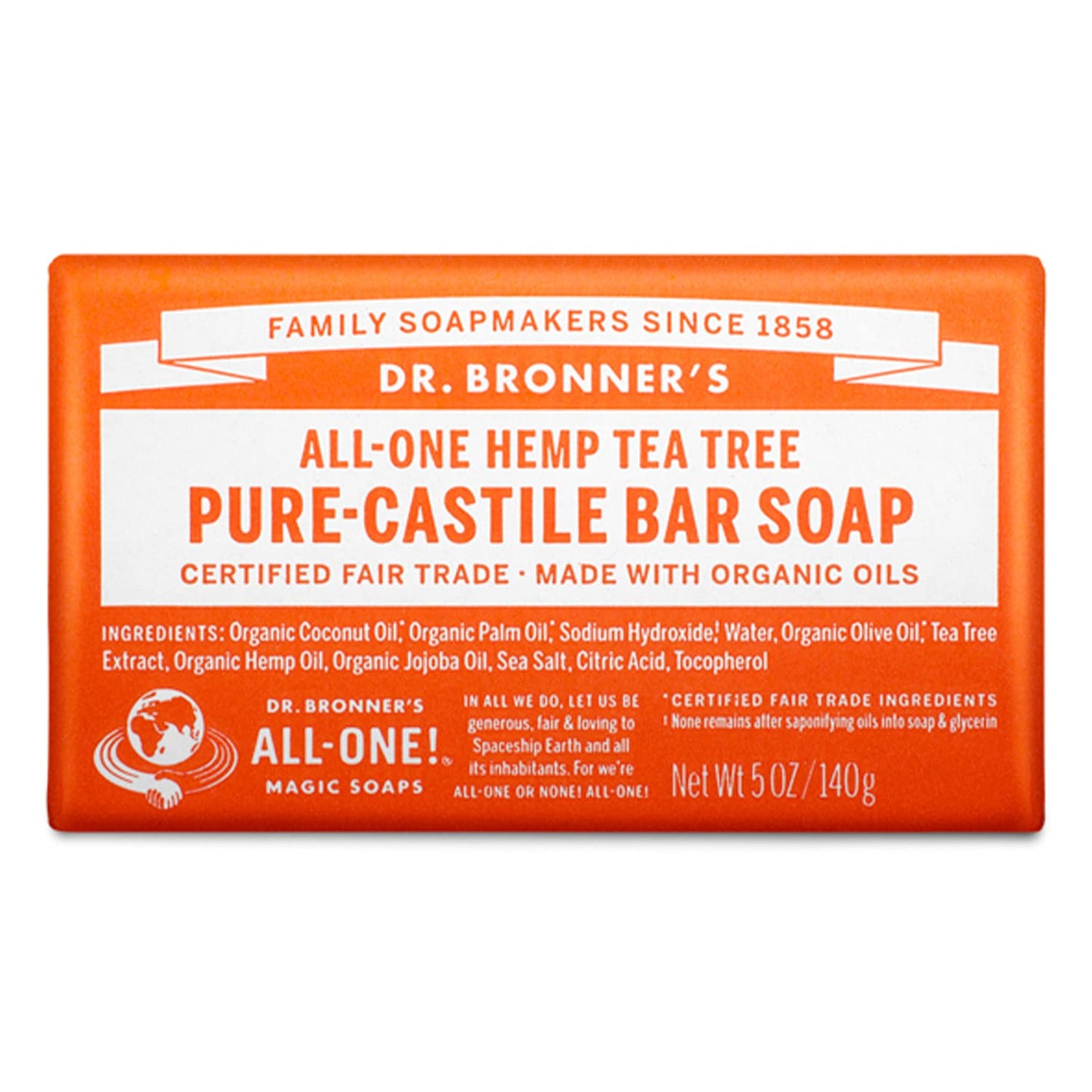 Dr. Bronner's - Pure-Castile Bar Soap (Tea Tree, 5 ounce) - Made with Organic Oils, For Face, Body, Hair and Dandruff, Gentle on Acne-Prone Skin, Biodegradable, Vegan, Non-GMO