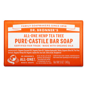 Dr. Bronner's - Pure-Castile Bar Soap (Tea Tree, 5 ounce) - Made with Organic Oils, For Face, Body, Hair and Dandruff, Gentle on Acne-Prone Skin, Biodegradable, Vegan, Non-GMO