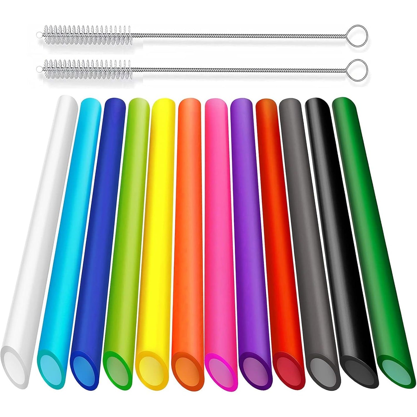 ALINK 12 PCS Reusable Boba Straws, 10.5 Long x 0.51 Wide Colored Plastic Smoothie Straws for Bubble Tea, Tapioca Pearls with 2 Cleaning Brush - Pointed Design