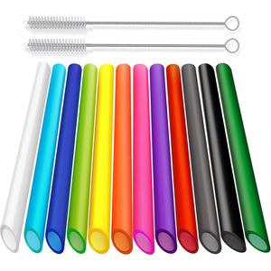 ALINK 12 PCS Reusable Boba Straws, 10.5 Long x 0.51 Wide Colored Plastic Smoothie Straws for Bubble Tea, Tapioca Pearls with 2 Cleaning Brush - Pointed Design