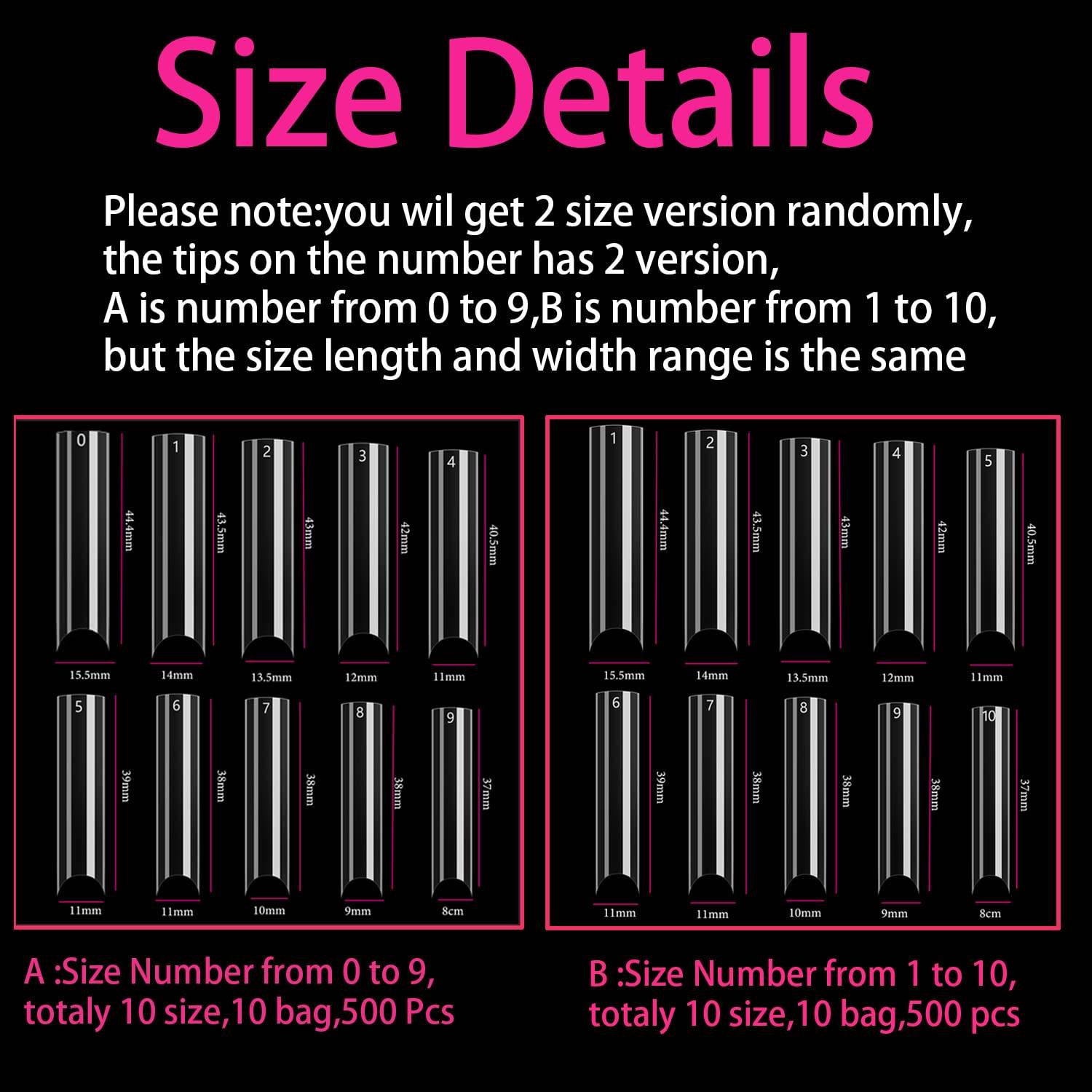 500 Pcs Clear Extra Long C Curve False Nail Tips,XXL C Curve Acrylic Fake Nail Tips with Bag for Nail Salon and DIY, Extra Long French Tips Half Cover Straight Square Nail Tips 10 Sizes - My Store