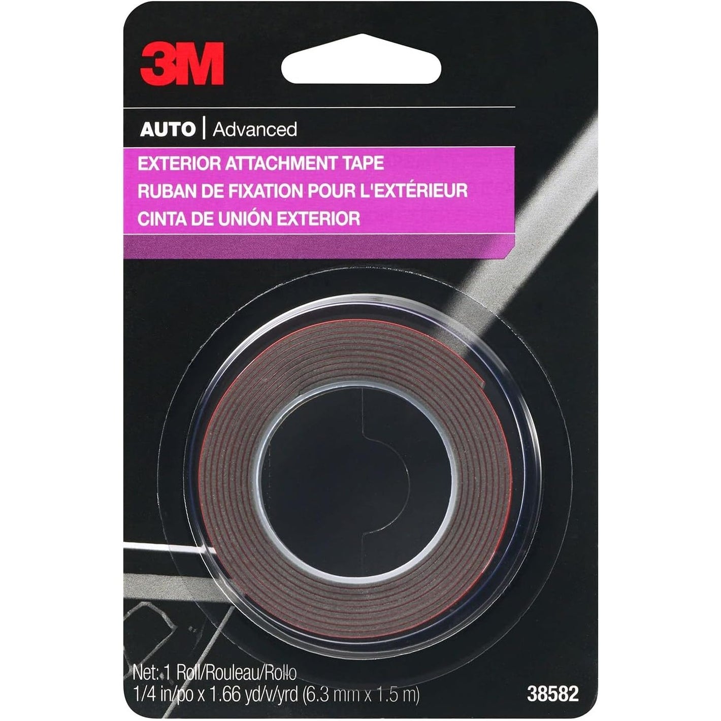 3M Auto Exterior Attachment Tape, 1/4 in x 5 ft, Heavy Duty Double-Sided Automotive Tape for Car Trim, Moldings, Emblems, and Badges (38582)