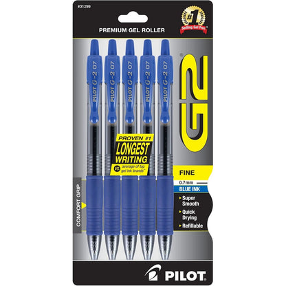 Pilot G2 Premium Gel Roller Pens 0.7, Fine Point Smooth Writing Pens Black, Pack of 5