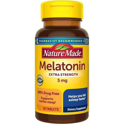 Nature Made Melatonin 5mg Tablets Extra Strength, 100% Drug Free Sleep Aid for Adults, 90 Tablets, 90 Day Supply