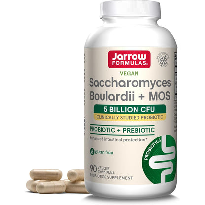 Jarrow Formulas Saccharomyces Boulardii Probiotics + MOS 5 Billion CFU Probiotic Yeast for Intestinal Health Support, Gut Health Supplements for Women and Men, 90 Veggie Capsules, 90 Day Supply
