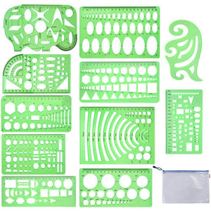 11 Pieces Geometric Drawings Templates Stencils Plastic Measuring Template Rulers Clear Green Shape Template for Drawing Engineering Drafting Building School Office Supplies - My Store