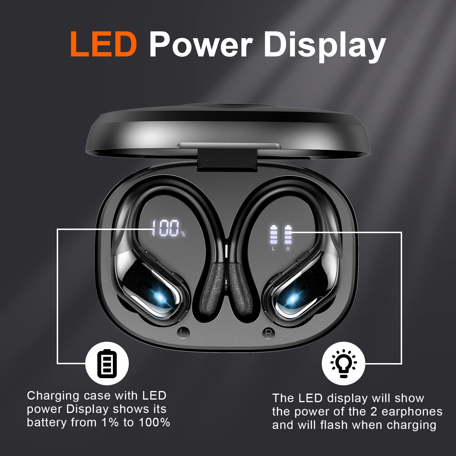 Buy now Ltinist Wireless Earbud, Bluetooth 5.3 Headphones Pure Bass Sound with Earhooks, 75H Battery Over Ear Headphones with Dual-LED Display, IP7 Waterproof Earphones Built-in Microphone for Running Sports at indiglob india
