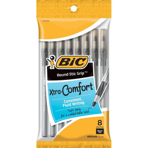 BIC Round Stic Grip Xtra Comfort Ballpoint Pen, Medium Point (1.2mm), Black, 8-Count
