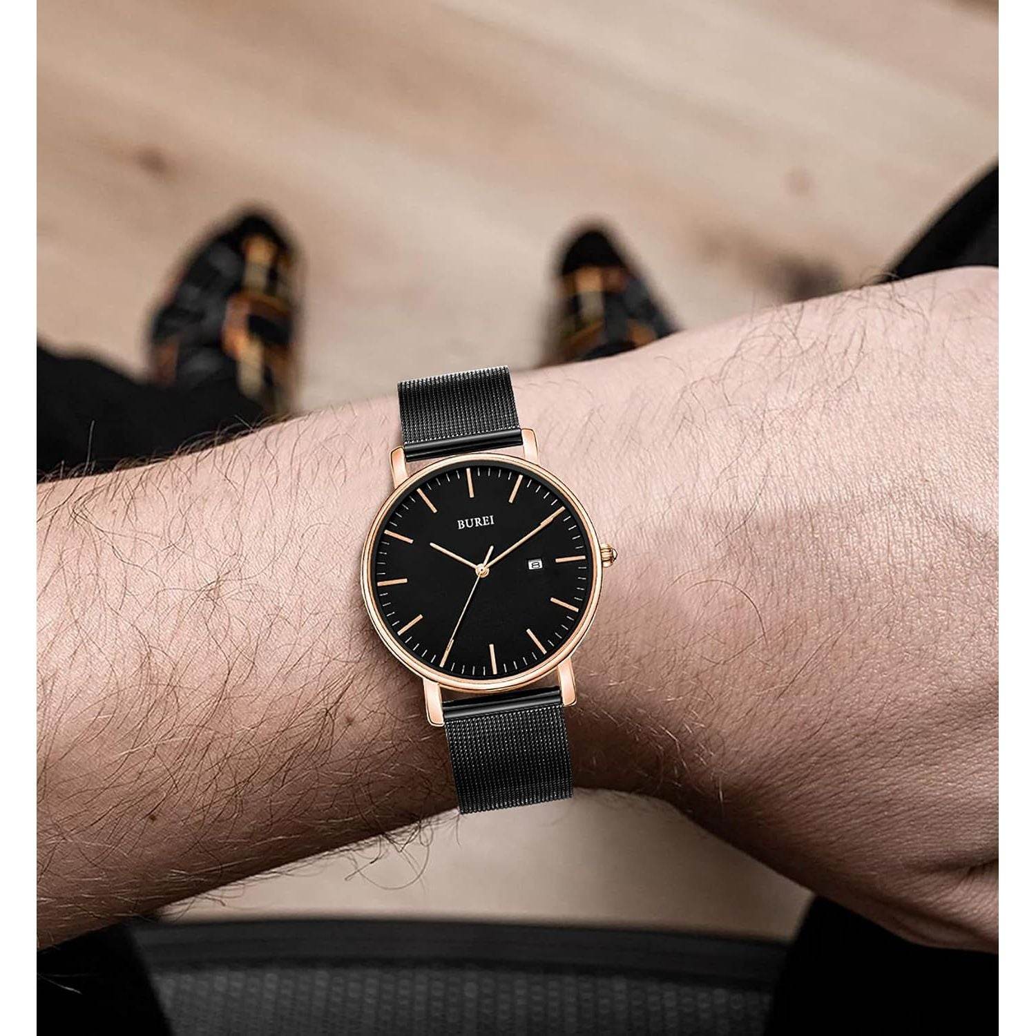 BUREI Men's Fashion Minimalist Wrist Watch Analog Date with Stainless Steel Mesh Band (Black Rose Gold) - My Store