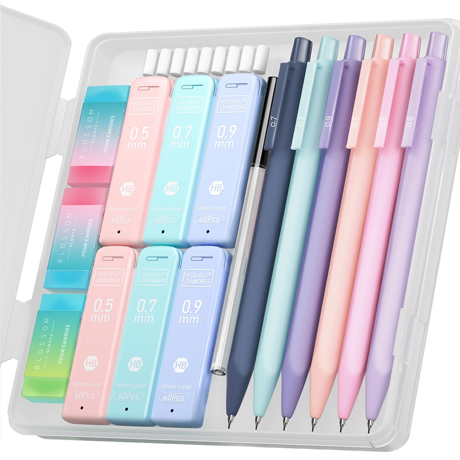 Buy now Four Candies Cute Mechanical Pencil Set, 6PCS Pastel Mechanical Pencils 0.5 & 0.7mm with 360PCS HB Leads, 3PCS Erasers and 9PCS Eraser Refills, Aesthetic School Supplies for Girls Writing at indiglob india
