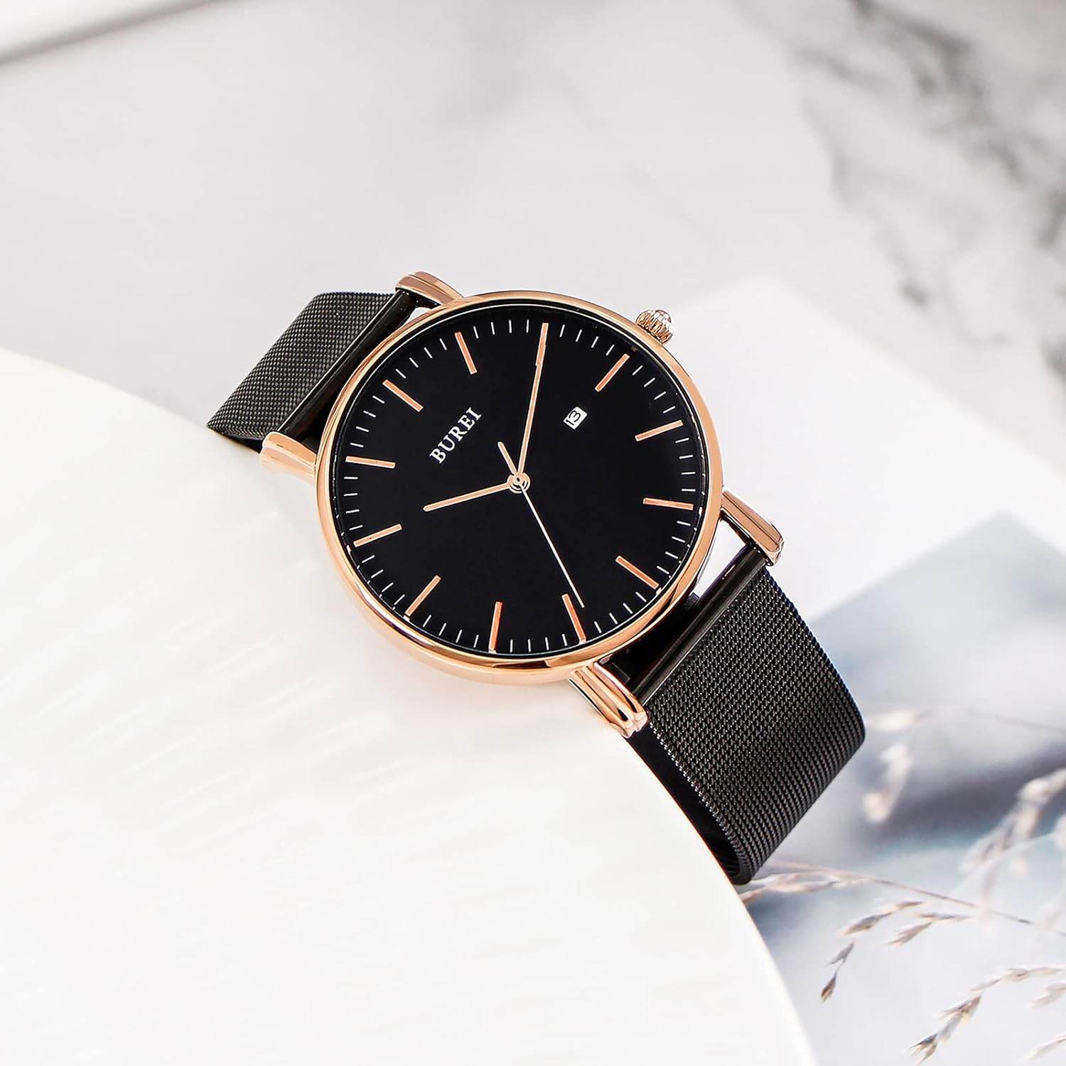 BUREI Men's Fashion Minimalist Wrist Watch Analog Date with Stainless Steel Mesh Band (Black Rose Gold) - My Store