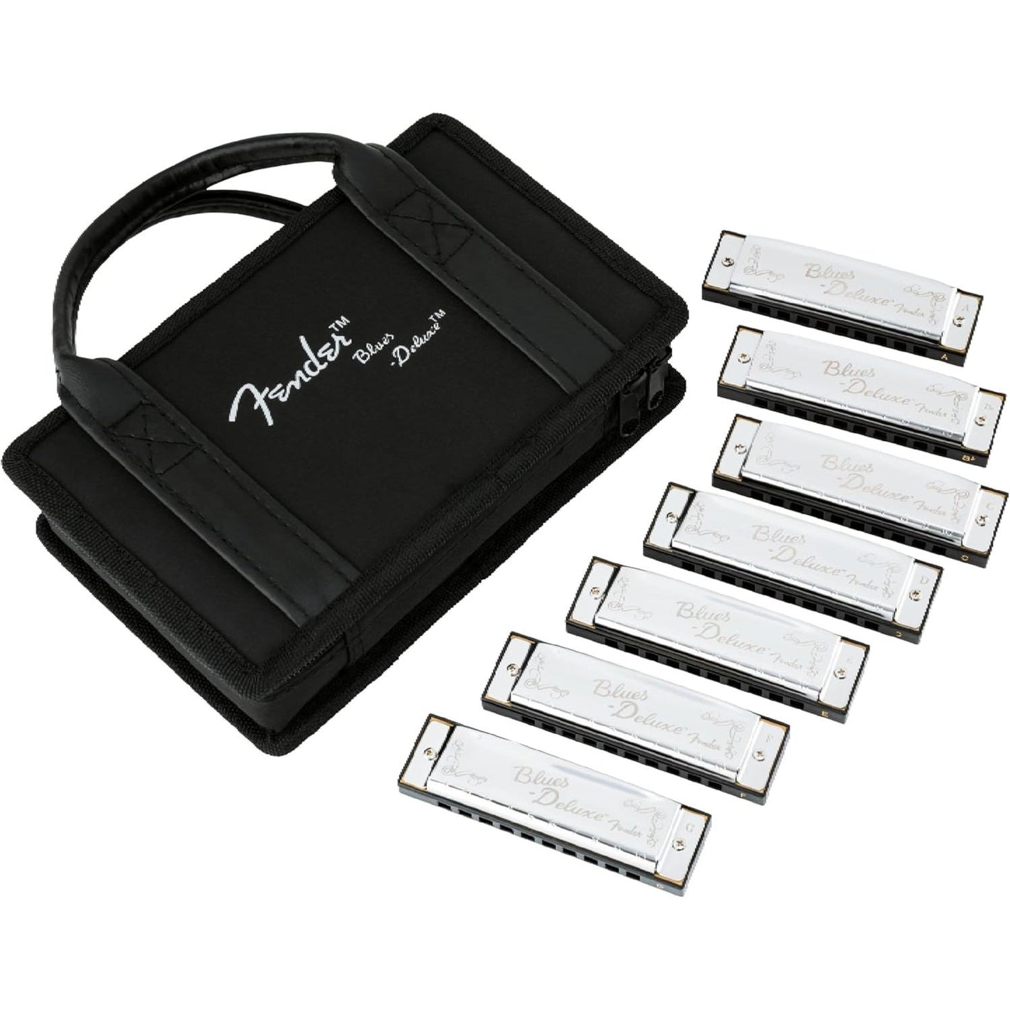 Buy now Fender Blues Deluxe Harmonica, Stocking Stuffers, Guitar Accessories, Pack of 7 with case (Keys C, G, A, D, F, E, B Flat) at indiglob india