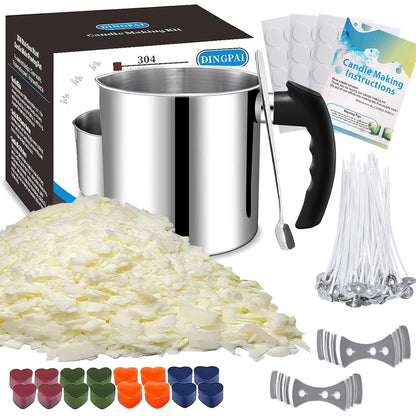 Candle Making Pouring Pot, DINGPAI 44oz Double Boiler Wax Melting Pot, 1pc Spoon, 304 Stainless Steel Candle Making Pitcher, Silver Color with Heat-Resistant Handle and Dripless Pouring Spout Design