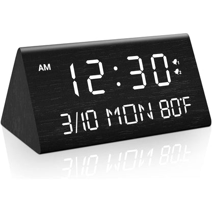 Kogonee Wooden Digital Alarm Clock, 0-100% Dimmer, 2 Alarm Settings, Weekday/Everyday Mode, 9 Mins Snooze, 12/24H, Temperature and Date Display for Office, Travel, Bedroom Alarm Clock (Brown)