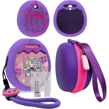 JCHPINE Hard Carrying Case and Silicone Cover Compatible with Tamagotchi Pix Interactive Virtual Pet Game Machine, Screen Film Protector for Tamagotchi Pix Accessories (Purple)
