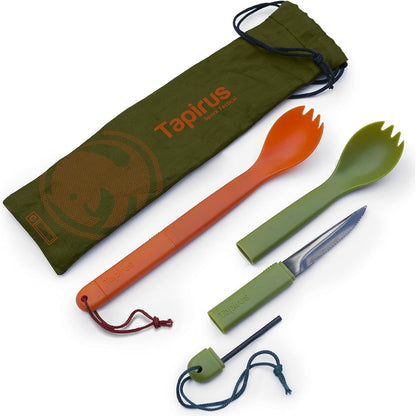 Tapirus Spork Tactical Green | BPA Free Spoon Fork, Stainless Steel Knife and Fire Starter | 3 in 1 multipurpose utensil | Outdoor hiking, camping & backpacking gear | Fit for MRE
