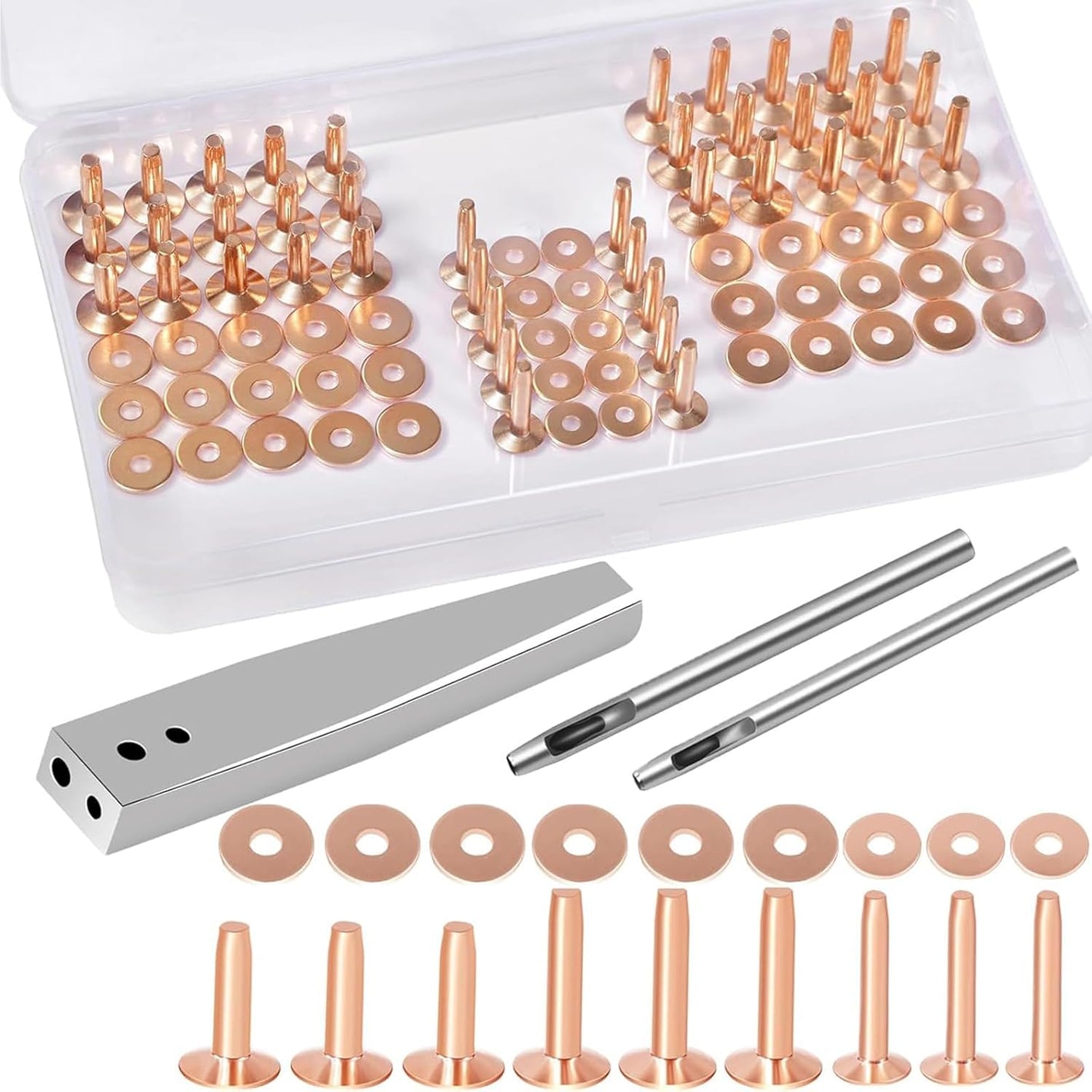 JUNESunShine 84Pcs, Copper Rivets and Burrs, #9 and #12 Burrs Setter, Leather Rivets Fastener Install Setting Tool with 4mm Leather Hole Punch Cutter for Belts Wallets Collars Leather Working Supplies