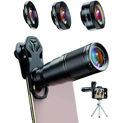 APEXEL 6 in 1 Phone Lens Kit - 22X Telephoto Lens, 205° Fisheye Lens, 120° Wide Angle Lens & 25X Macro Lens(Screwed Together), Compatible with iPhone 11 8 7 6 6s Plus X Xs/Max XR Samsung Black
